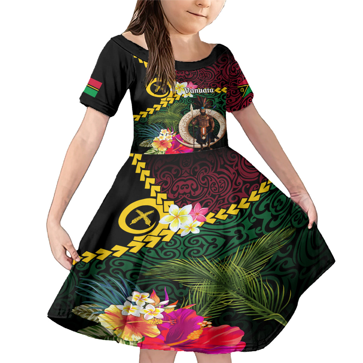 Vanuatu Indipendens Dei Family Matching Mermaid Dress and Hawaiian Shirt Boars Tusk and Melanesian Warrior Hibiscus LT03 Daughter's Dress Black - Polynesian Pride