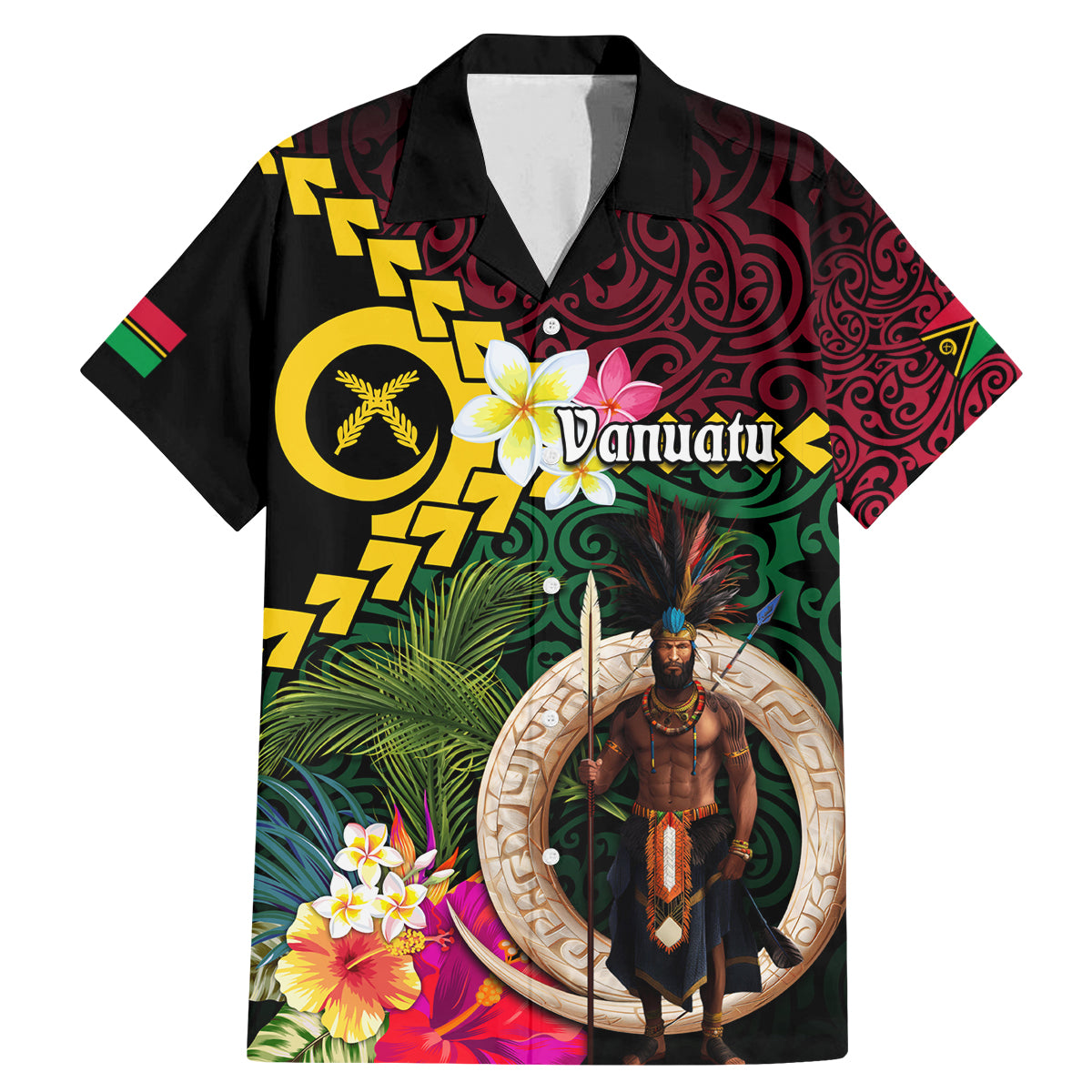 Vanuatu Indipendens Dei Family Matching Mermaid Dress and Hawaiian Shirt Boars Tusk and Melanesian Warrior Hibiscus LT03 Dad's Shirt - Short Sleeve Black - Polynesian Pride