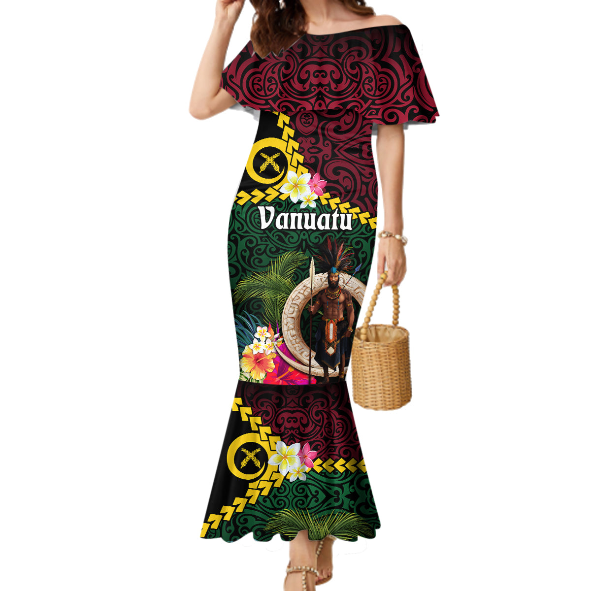 Vanuatu Indipendens Dei Family Matching Mermaid Dress and Hawaiian Shirt Boars Tusk and Melanesian Warrior Hibiscus LT03 Mom's Dress Black - Polynesian Pride