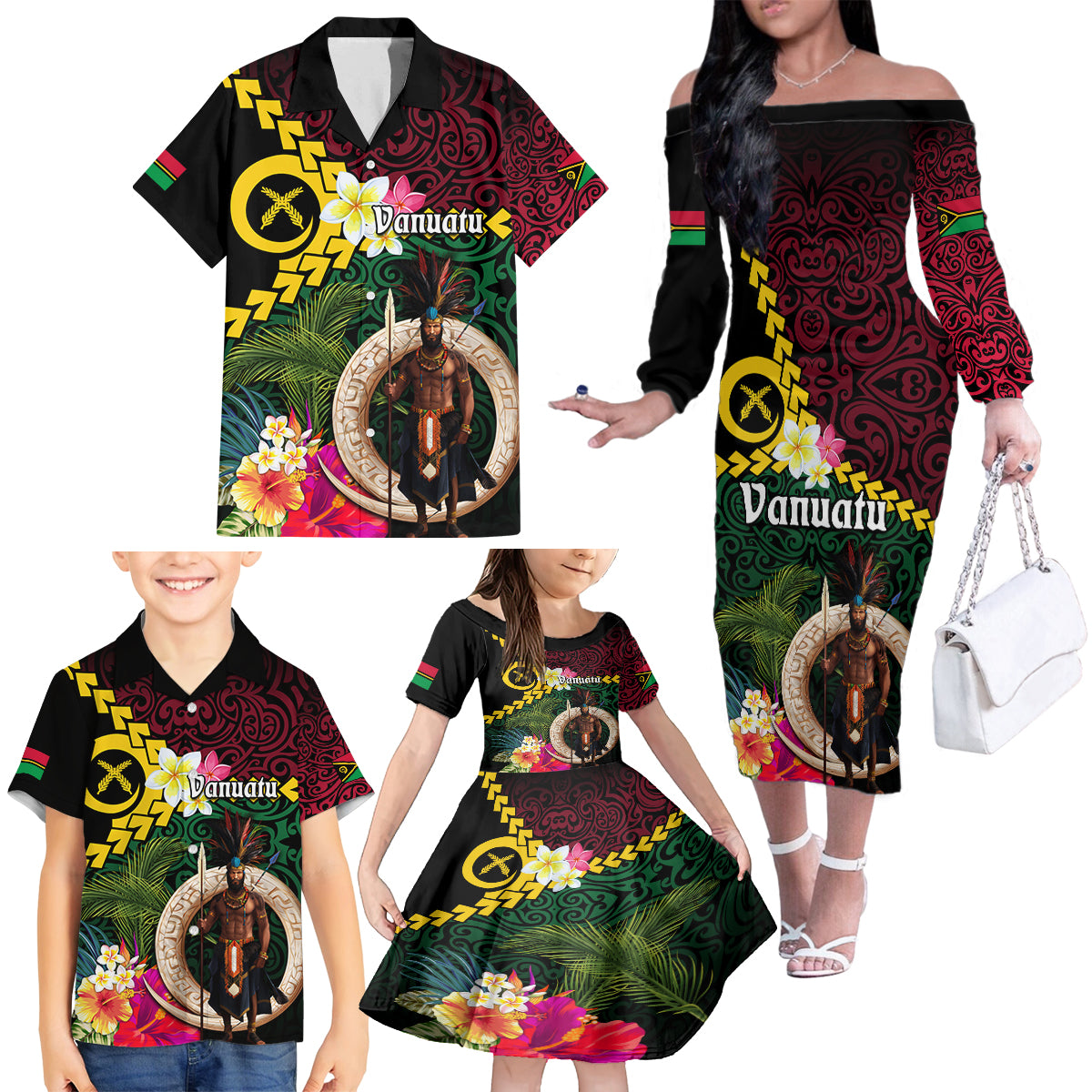 Vanuatu Indipendens Dei Family Matching Off The Shoulder Long Sleeve Dress and Hawaiian Shirt Boars Tusk and Melanesian Warrior Hibiscus LT03 - Polynesian Pride