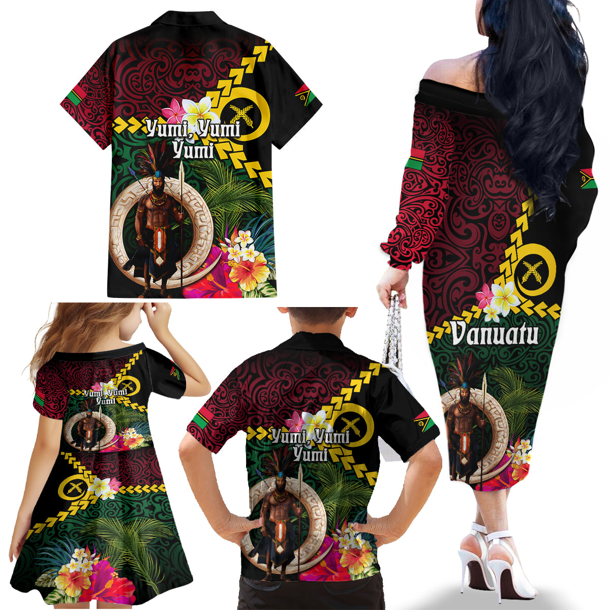 Vanuatu Indipendens Dei Family Matching Off The Shoulder Long Sleeve Dress and Hawaiian Shirt Boars Tusk and Melanesian Warrior Hibiscus LT03 - Polynesian Pride