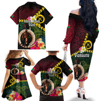 Vanuatu Indipendens Dei Family Matching Off The Shoulder Long Sleeve Dress and Hawaiian Shirt Boars Tusk and Melanesian Warrior Hibiscus LT03 - Polynesian Pride