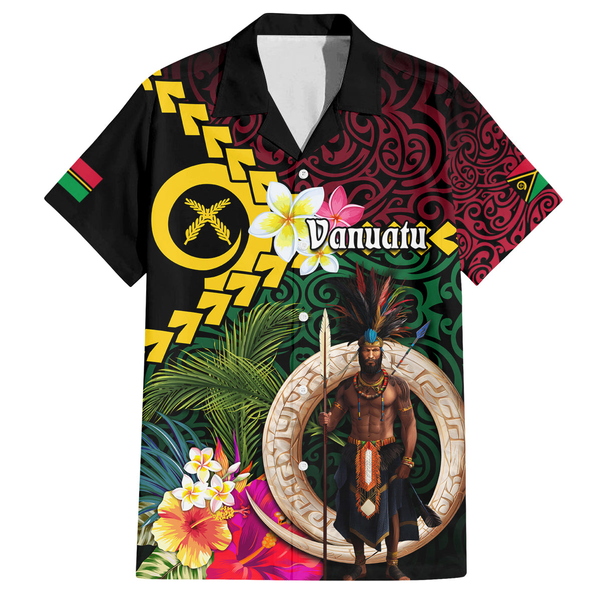 Vanuatu Indipendens Dei Family Matching Off The Shoulder Long Sleeve Dress and Hawaiian Shirt Boars Tusk and Melanesian Warrior Hibiscus LT03 Dad's Shirt - Short Sleeve Black - Polynesian Pride