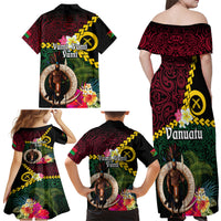 Vanuatu Indipendens Dei Family Matching Off Shoulder Maxi Dress and Hawaiian Shirt Boars Tusk and Melanesian Warrior Hibiscus LT03 - Polynesian Pride