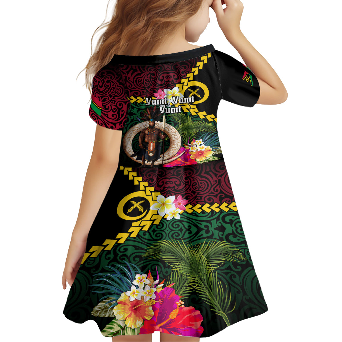 Vanuatu Indipendens Dei Family Matching Off Shoulder Short Dress and Hawaiian Shirt Boars Tusk and Melanesian Warrior Hibiscus LT03 - Polynesian Pride
