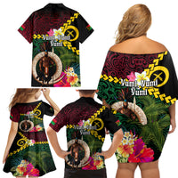 Vanuatu Indipendens Dei Family Matching Off Shoulder Short Dress and Hawaiian Shirt Boars Tusk and Melanesian Warrior Hibiscus LT03 - Polynesian Pride