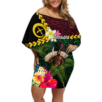 Vanuatu Indipendens Dei Family Matching Off Shoulder Short Dress and Hawaiian Shirt Boars Tusk and Melanesian Warrior Hibiscus LT03 Mom's Dress Black - Polynesian Pride