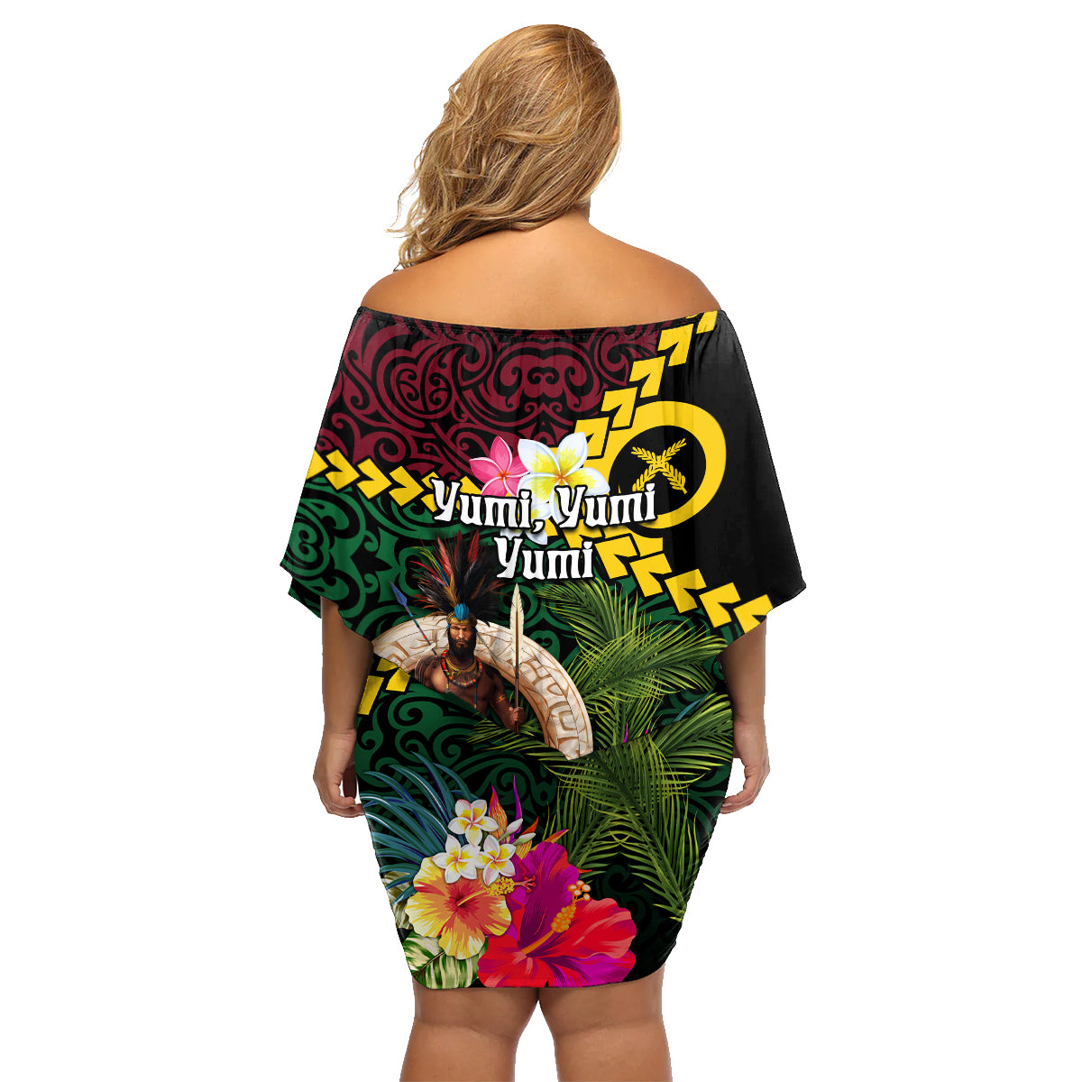 Vanuatu Indipendens Dei Family Matching Off Shoulder Short Dress and Hawaiian Shirt Boars Tusk and Melanesian Warrior Hibiscus LT03 - Polynesian Pride