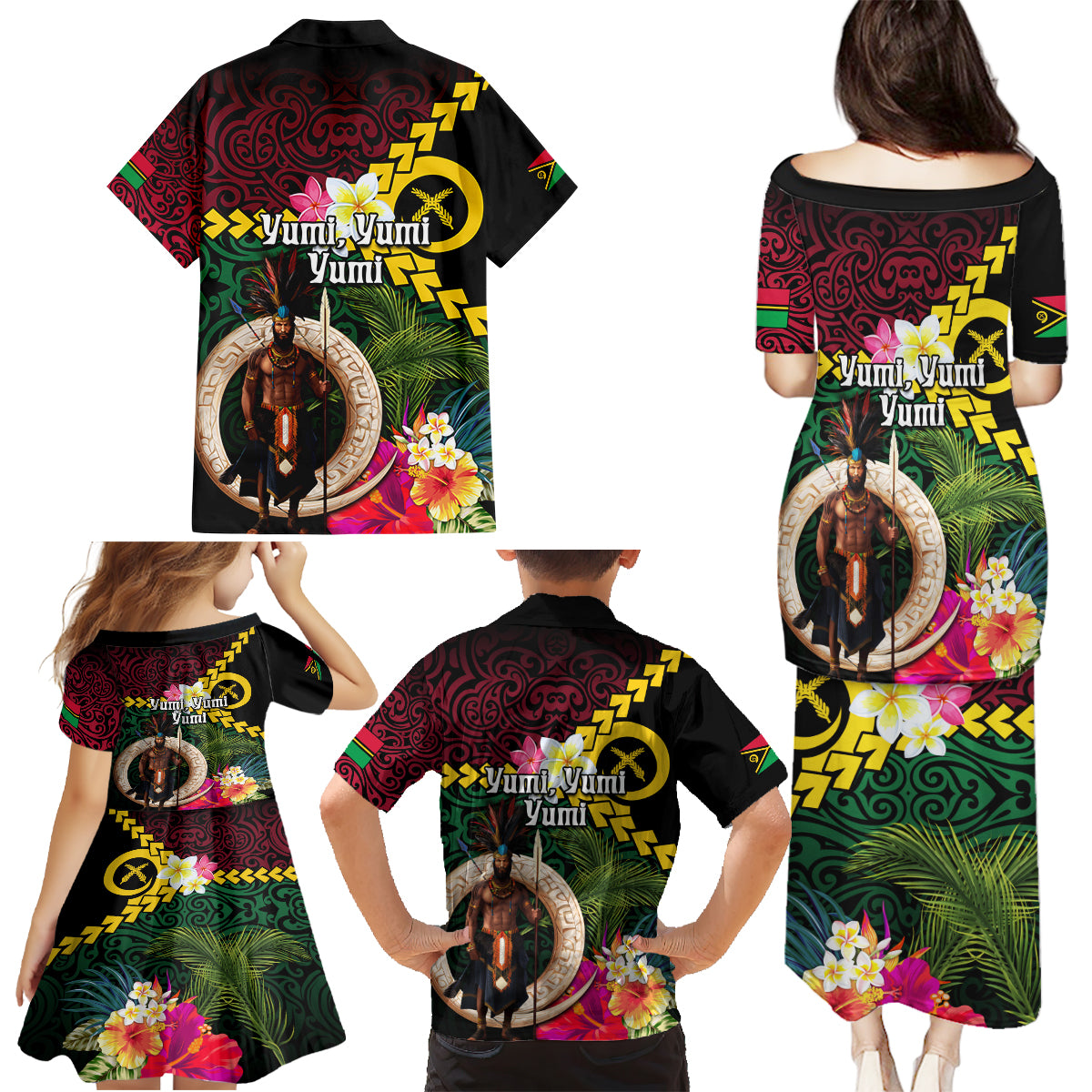 Vanuatu Indipendens Dei Family Matching Puletasi and Hawaiian Shirt Boars Tusk and Melanesian Warrior Hibiscus LT03 - Polynesian Pride