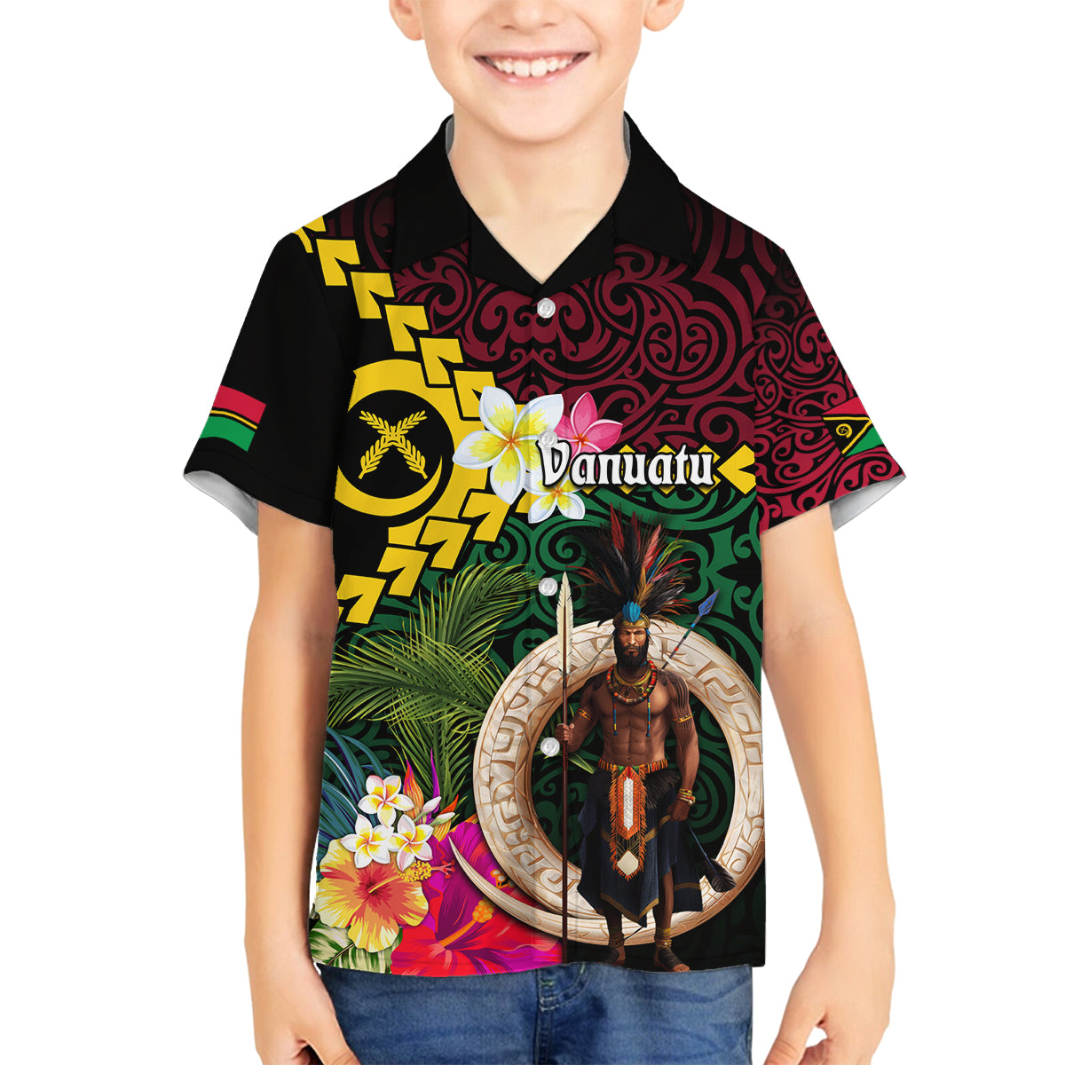 Vanuatu Indipendens Dei Family Matching Puletasi and Hawaiian Shirt Boars Tusk and Melanesian Warrior Hibiscus LT03 Son's Shirt Black - Polynesian Pride