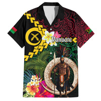 Vanuatu Indipendens Dei Family Matching Short Sleeve Bodycon Dress and Hawaiian Shirt Boars Tusk and Melanesian Warrior Hibiscus LT03 Dad's Shirt - Short Sleeve Black - Polynesian Pride
