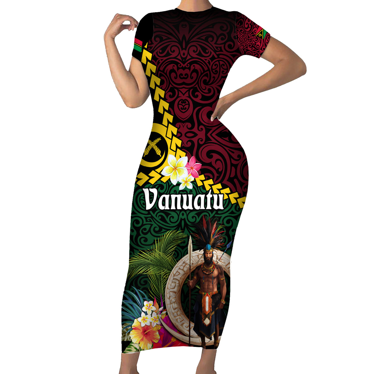 Vanuatu Indipendens Dei Family Matching Short Sleeve Bodycon Dress and Hawaiian Shirt Boars Tusk and Melanesian Warrior Hibiscus LT03 Mom's Dress Black - Polynesian Pride