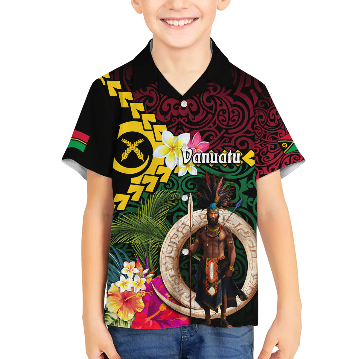 Vanuatu Indipendens Dei Family Matching Short Sleeve Bodycon Dress and Hawaiian Shirt Boars Tusk and Melanesian Warrior Hibiscus LT03 Son's Shirt Black - Polynesian Pride