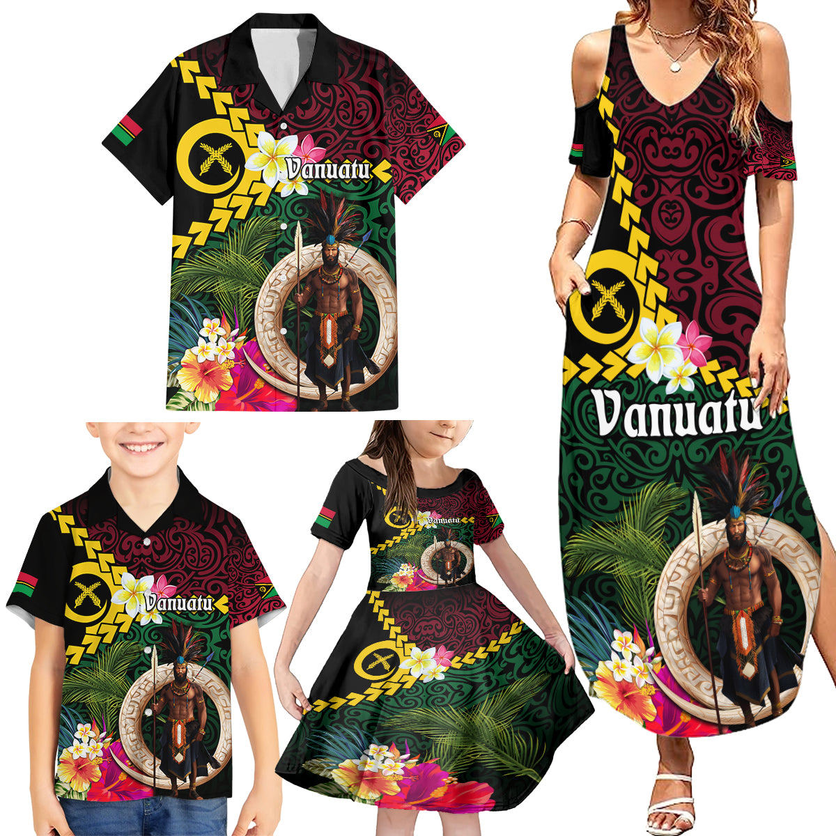 Vanuatu Indipendens Dei Family Matching Summer Maxi Dress and Hawaiian Shirt Boars Tusk and Melanesian Warrior Hibiscus LT03 - Polynesian Pride