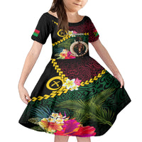 Vanuatu Indipendens Dei Family Matching Tank Maxi Dress and Hawaiian Shirt Boars Tusk and Melanesian Warrior Hibiscus LT03 Daughter's Dress Black - Polynesian Pride
