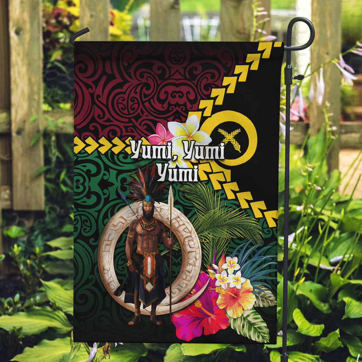 Vanuatu Indipendens Dei Garden Flag Boars Tusk and Melanesian Warrior Hibiscus LT03 Garden Flag Black - Polynesian Pride