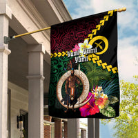 Vanuatu Indipendens Dei Garden Flag Boars Tusk and Melanesian Warrior Hibiscus LT03 House Flag Black - Polynesian Pride