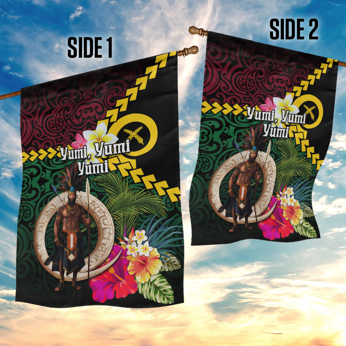 Vanuatu Indipendens Dei Garden Flag Boars Tusk and Melanesian Warrior Hibiscus LT03 - Polynesian Pride