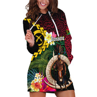 Vanuatu Indipendens Dei Hoodie Dress Boars Tusk and Melanesian Warrior Hibiscus LT03 Black - Polynesian Pride