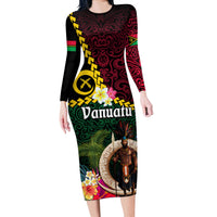 Vanuatu Indipendens Dei Long Sleeve Bodycon Dress Boars Tusk and Melanesian Warrior Hibiscus LT03 Long Dress Black - Polynesian Pride