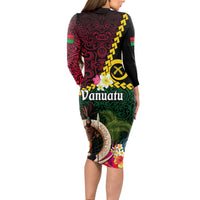 Vanuatu Indipendens Dei Long Sleeve Bodycon Dress Boars Tusk and Melanesian Warrior Hibiscus LT03 - Polynesian Pride