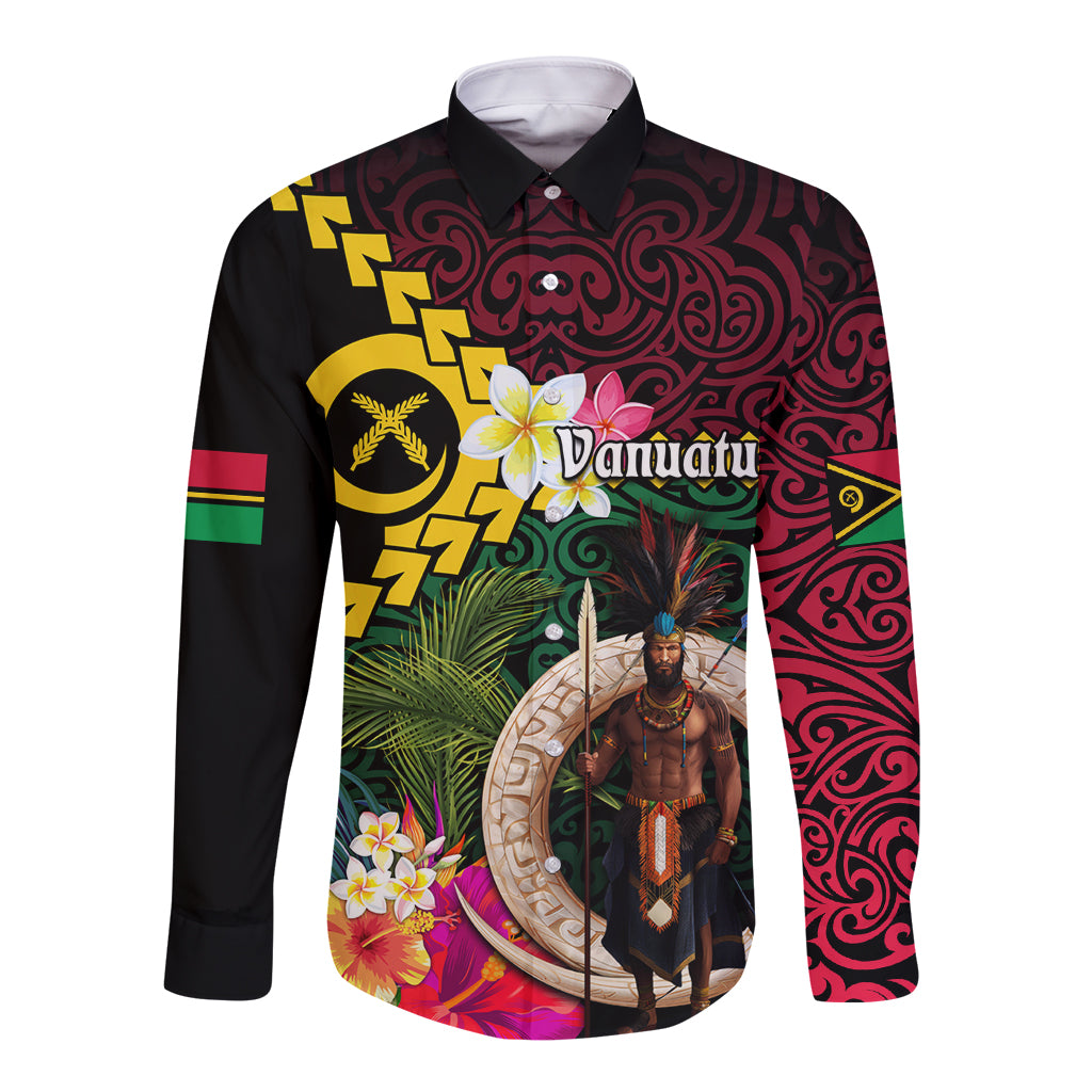 Vanuatu Indipendens Dei Long Sleeve Button Shirt Boars Tusk and Melanesian Warrior Hibiscus LT03 Unisex Black - Polynesian Pride