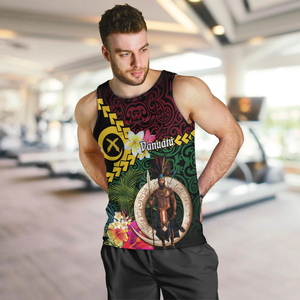 Vanuatu Indipendens Dei Men Tank Top Boars Tusk and Melanesian Warrior Hibiscus LT03 Black - Polynesian Pride