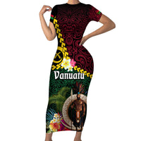 Vanuatu Indipendens Dei Short Sleeve Bodycon Dress Boars Tusk and Melanesian Warrior Hibiscus LT03 Long Dress Black - Polynesian Pride
