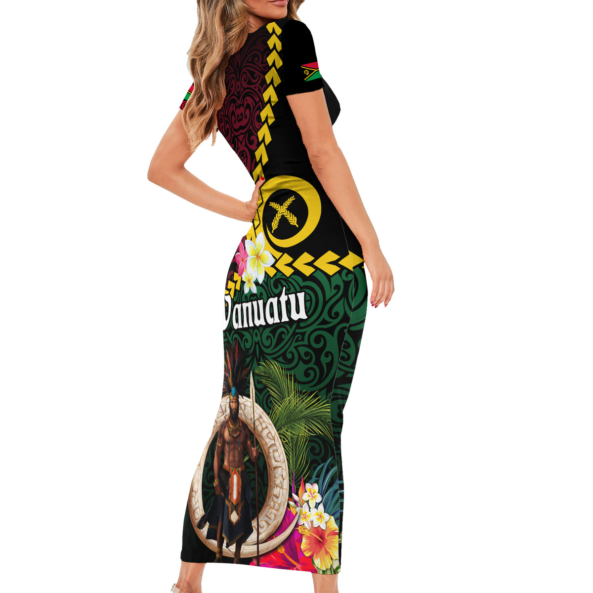 Vanuatu Indipendens Dei Short Sleeve Bodycon Dress Boars Tusk and Melanesian Warrior Hibiscus LT03 - Polynesian Pride