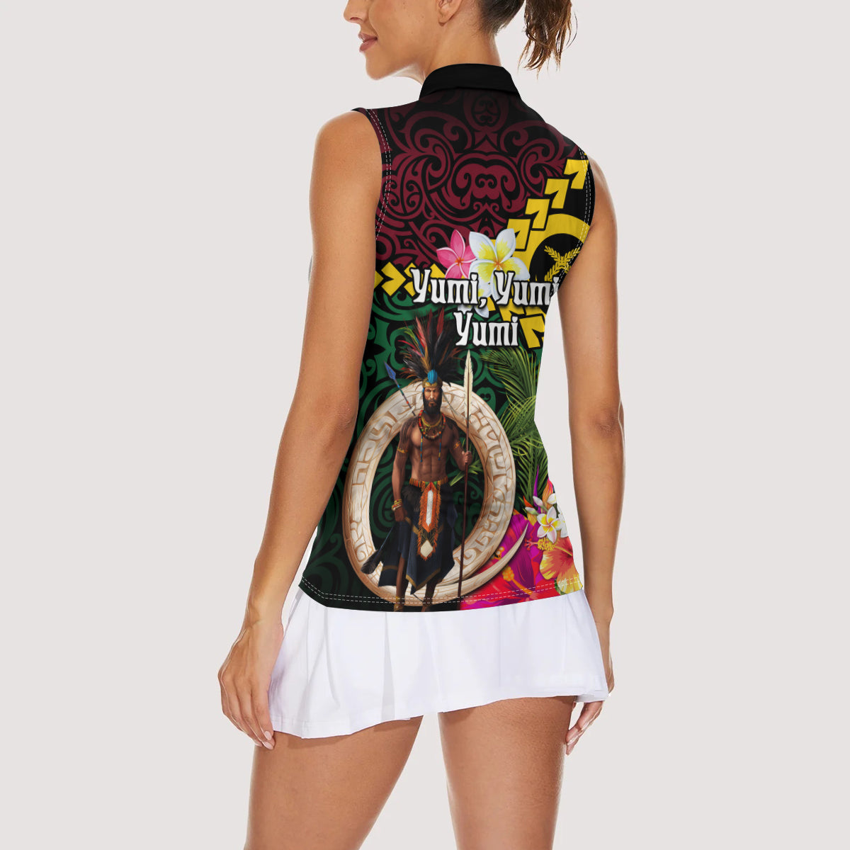 Vanuatu Indipendens Dei Women Sleeveless Polo Shirt Boars Tusk and Melanesian Warrior Hibiscus LT03 - Polynesian Pride