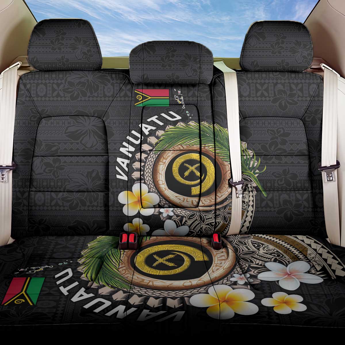 Vanuatu Independence Day Back Car Seat Cover Melanesian Tribal Pig Tusk with Tropical Plants LT03 One Size Black - Polynesian Pride