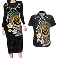Vanuatu Independence Day Couples Matching Long Sleeve Bodycon Dress and Hawaiian Shirt Melanesian Tribal Pig Tusk with Tropical Plants LT03 Black - Polynesian Pride