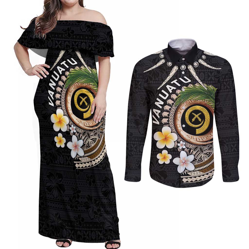 Vanuatu Independence Day Couples Matching Off Shoulder Maxi Dress and Long Sleeve Button Shirt Melanesian Tribal Pig Tusk with Tropical Plants LT03 Black - Polynesian Pride