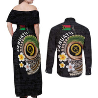 Vanuatu Independence Day Couples Matching Off Shoulder Maxi Dress and Long Sleeve Button Shirt Melanesian Tribal Pig Tusk with Tropical Plants LT03 - Polynesian Pride
