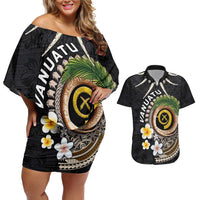 Vanuatu Independence Day Couples Matching Off Shoulder Short Dress and Hawaiian Shirt Melanesian Tribal Pig Tusk with Tropical Plants LT03 Black - Polynesian Pride