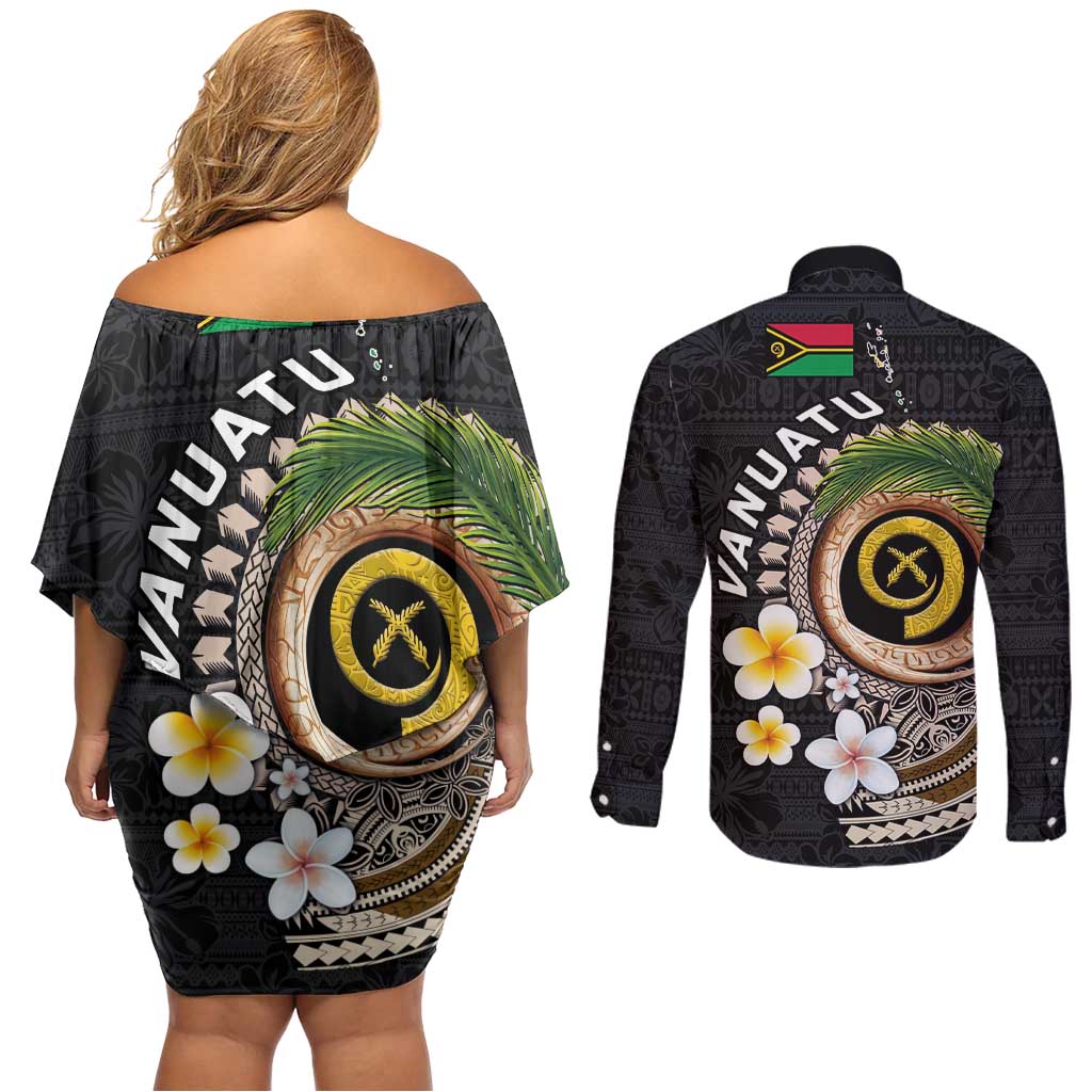 Vanuatu Independence Day Couples Matching Off Shoulder Short Dress and Long Sleeve Button Shirt Melanesian Tribal Pig Tusk with Tropical Plants LT03 - Polynesian Pride
