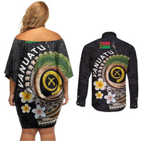 Vanuatu Independence Day Couples Matching Off Shoulder Short Dress and Long Sleeve Button Shirt Melanesian Tribal Pig Tusk with Tropical Plants LT03 - Polynesian Pride