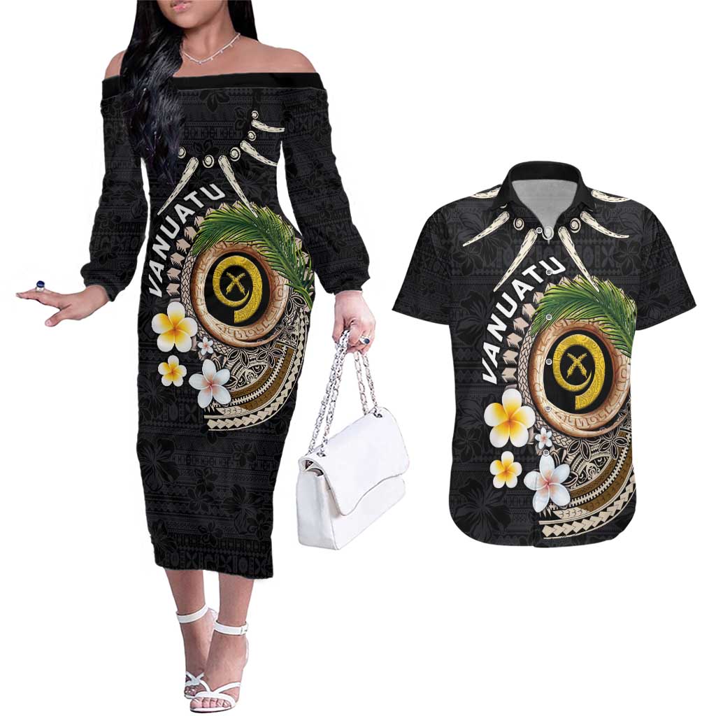 Vanuatu Independence Day Couples Matching Off The Shoulder Long Sleeve Dress and Hawaiian Shirt Melanesian Tribal Pig Tusk with Tropical Plants LT03 Black - Polynesian Pride