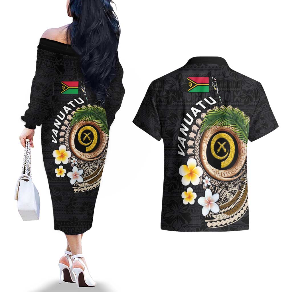 Vanuatu Independence Day Couples Matching Off The Shoulder Long Sleeve Dress and Hawaiian Shirt Melanesian Tribal Pig Tusk with Tropical Plants LT03 - Polynesian Pride