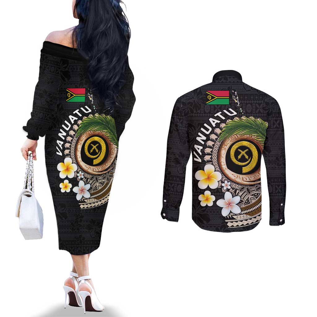 Vanuatu Independence Day Couples Matching Off The Shoulder Long Sleeve Dress and Long Sleeve Button Shirt Melanesian Tribal Pig Tusk with Tropical Plants LT03 - Polynesian Pride