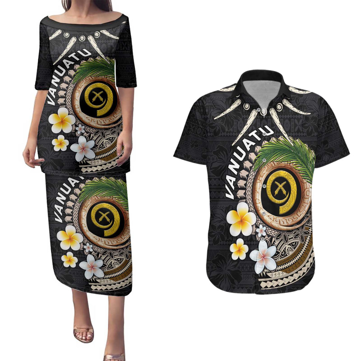 Vanuatu Independence Day Couples Matching Puletasi and Hawaiian Shirt Melanesian Tribal Pig Tusk with Tropical Plants LT03 Black - Polynesian Pride