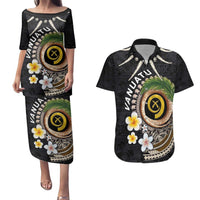 Vanuatu Independence Day Couples Matching Puletasi and Hawaiian Shirt Melanesian Tribal Pig Tusk with Tropical Plants LT03 Black - Polynesian Pride