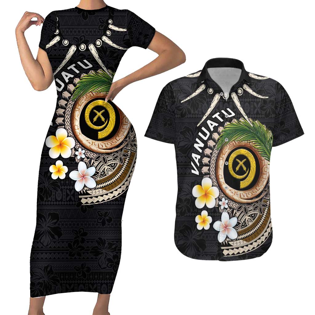 Vanuatu Independence Day Couples Matching Short Sleeve Bodycon Dress and Hawaiian Shirt Melanesian Tribal Pig Tusk with Tropical Plants LT03 Black - Polynesian Pride