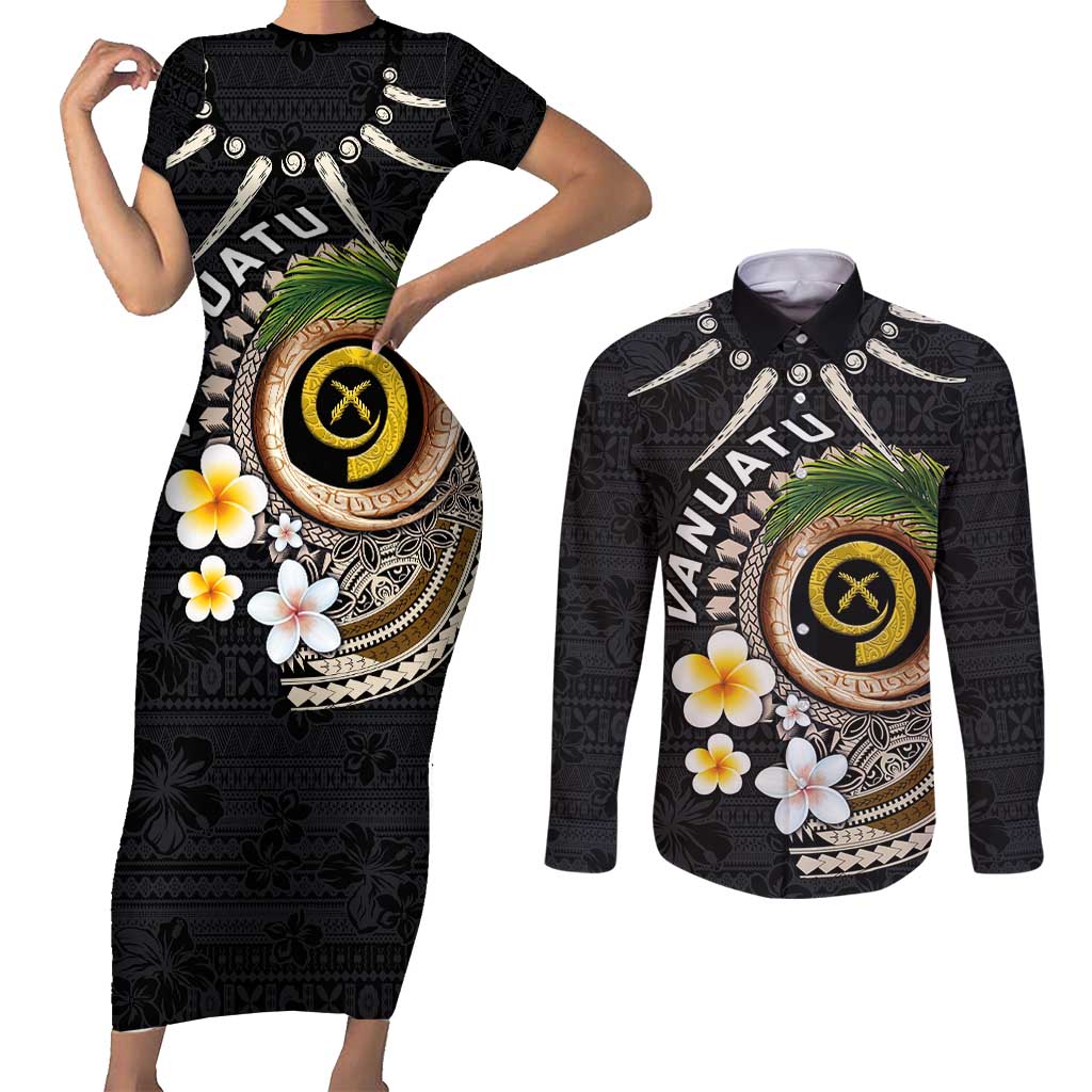 Vanuatu Independence Day Couples Matching Short Sleeve Bodycon Dress and Long Sleeve Button Shirt Melanesian Tribal Pig Tusk with Tropical Plants LT03 Black - Polynesian Pride
