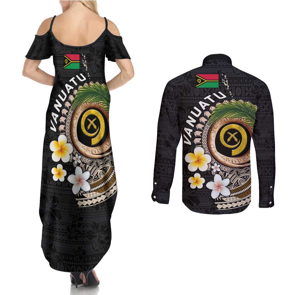 Vanuatu Independence Day Couples Matching Summer Maxi Dress and Long Sleeve Button Shirt Melanesian Tribal Pig Tusk with Tropical Plants LT03 - Polynesian Pride