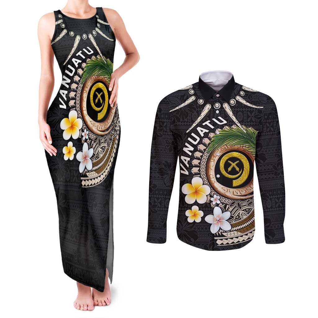 Vanuatu Independence Day Couples Matching Tank Maxi Dress and Long Sleeve Button Shirt Melanesian Tribal Pig Tusk with Tropical Plants LT03 Black - Polynesian Pride