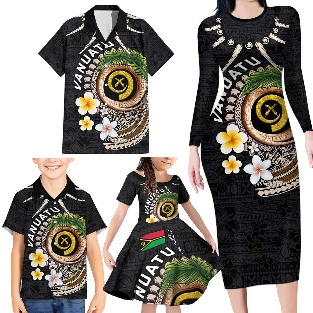 Vanuatu Independence Day Family Matching Long Sleeve Bodycon Dress and Hawaiian Shirt Melanesian Tribal Pig Tusk with Tropical Plants LT03 - Polynesian Pride