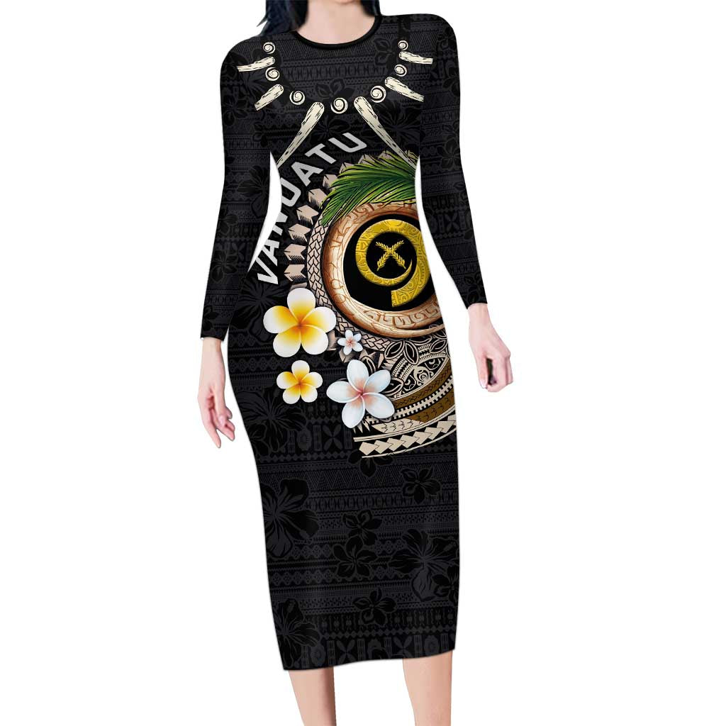 Vanuatu Independence Day Family Matching Long Sleeve Bodycon Dress and Hawaiian Shirt Melanesian Tribal Pig Tusk with Tropical Plants LT03 Mom's Dress Black - Polynesian Pride