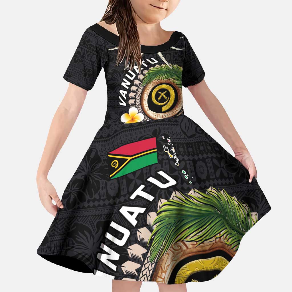 Vanuatu Independence Day Family Matching Mermaid Dress and Hawaiian Shirt Melanesian Tribal Pig Tusk with Tropical Plants LT03 Daughter's Dress Black - Polynesian Pride