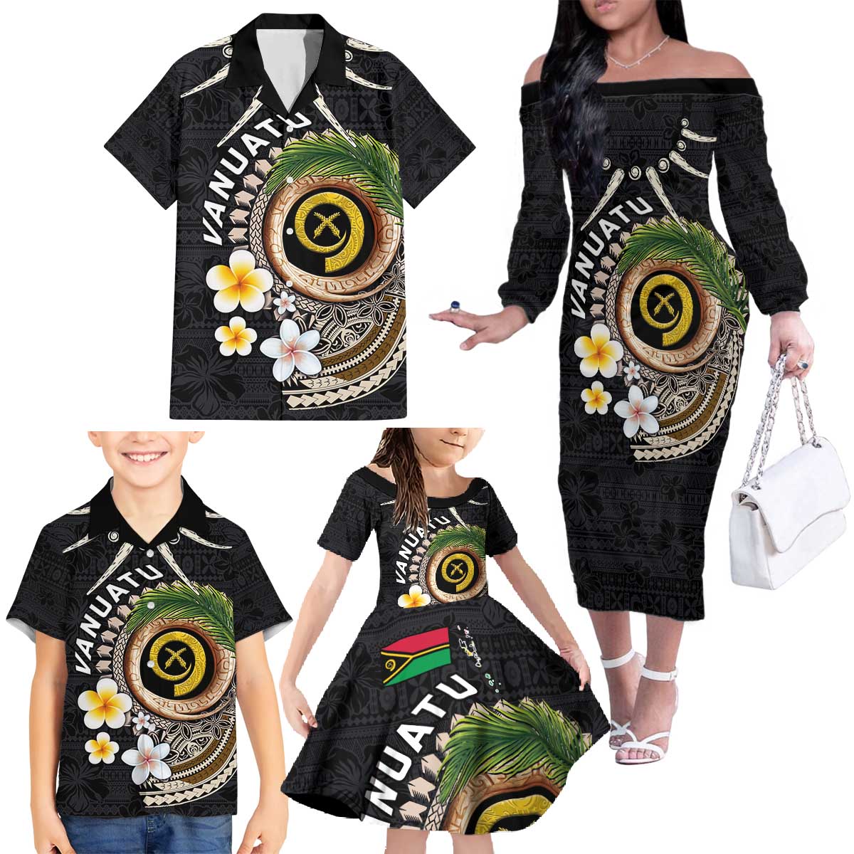 Vanuatu Independence Day Family Matching Off The Shoulder Long Sleeve Dress and Hawaiian Shirt Melanesian Tribal Pig Tusk with Tropical Plants LT03 - Polynesian Pride